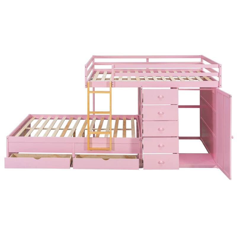 Kids Bed Frame Full Over Full Bunk Bed with Drawers and Wardrobe