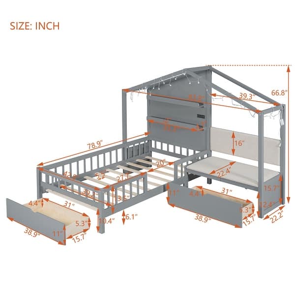 dimension image slide 1 of 2, Multifunctional Twin Size House Bed with Upholstered Sofa, Charging Station, Wireless Charging, Shelves, Drawers and Light Strip