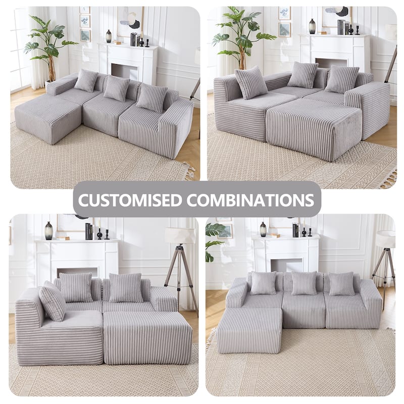 Minimalist Modular Corduroy Cloud Couch, L-shaped Sectional Sofa with Deep Seats and Ottoman Chaise Lounge for Living Room - Light Grey