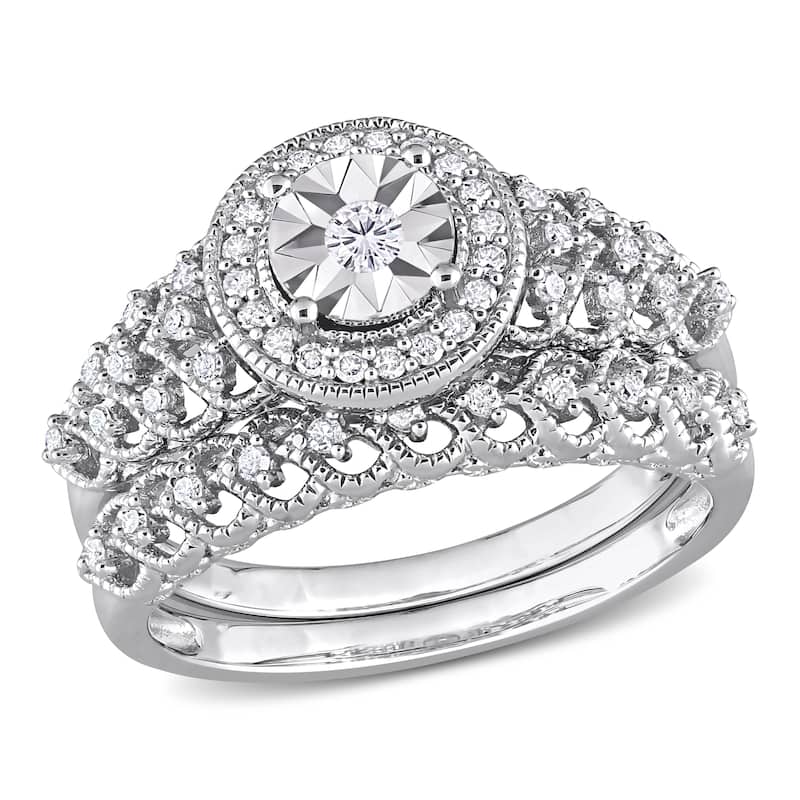 Miadora 1/3ct TDW Diamond Halo Bridal Ring Set in Sterling Silver