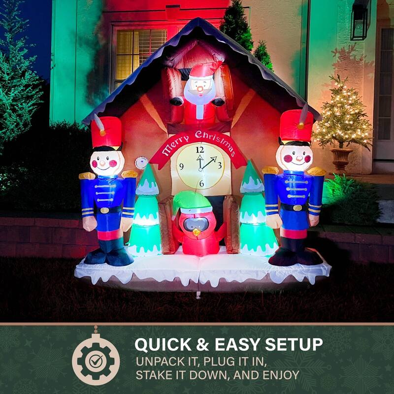 Fraser Hill Farm 6-Ft. Tall Prelit Santa Nutcracker Cuckoo Clock Inflatable with Music