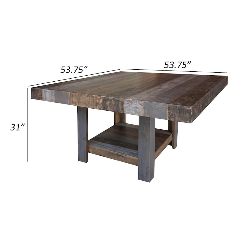 Linn 54 Inch Square Dining Table, Open Shelf, Gray, Rustic Brown Pine Wood