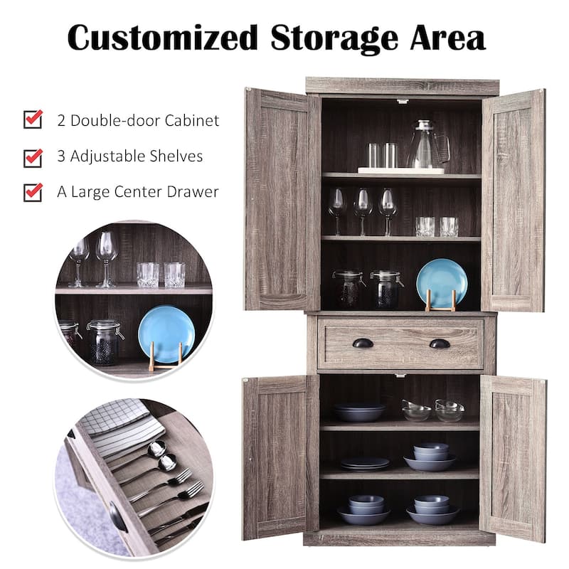 HOMCOM 72" Traditional Freestanding Kitchen Pantry Cupboard with 2 Cabinet,Drawer and Adjustable Shelves - N/A