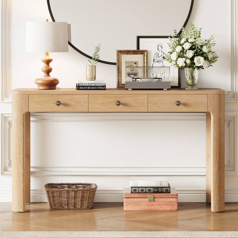 Rustic 52" Console Table with Drawers and Curved Legs for Entryway or Living Room Decor - Light Oak
