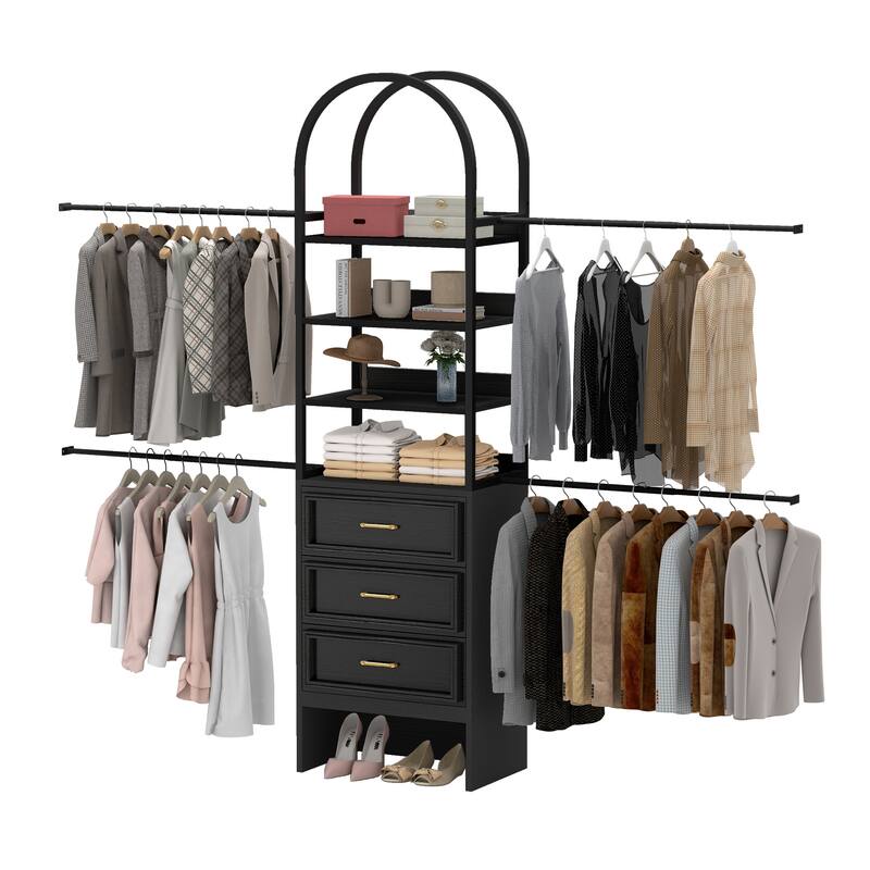 Wall-Mounted Clothing Storage Rack Multi-Functional Closet Organizer System with Adjustable Rods and Shelves