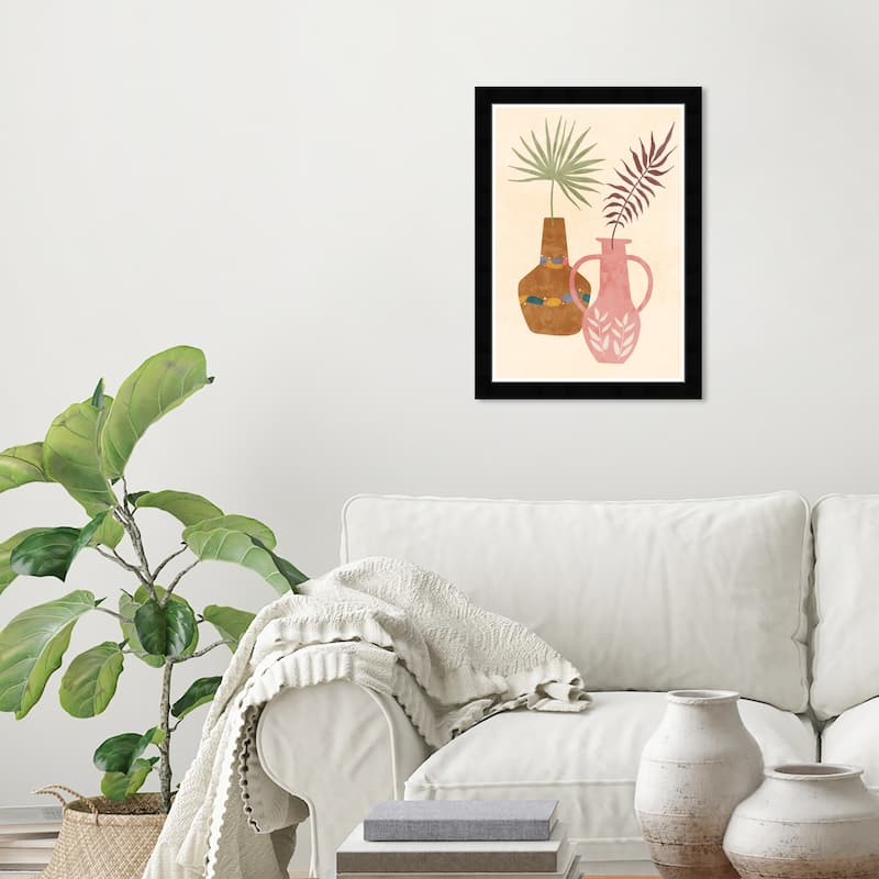 "Minimalist Pots", Boho Pattern Plant Pots Modern & Contemporary Pink Framed Wall Art Print for Dining Room