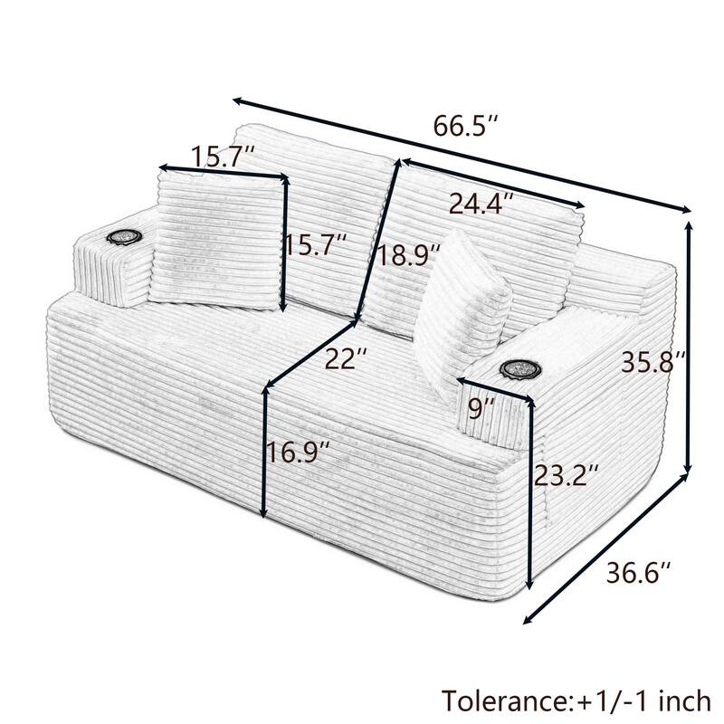 66.5'' Boneless Sofa Couch with 2 Pillows, Orange 2 Seater Sofa Couch Upholstered Loveseat with Side Pocket