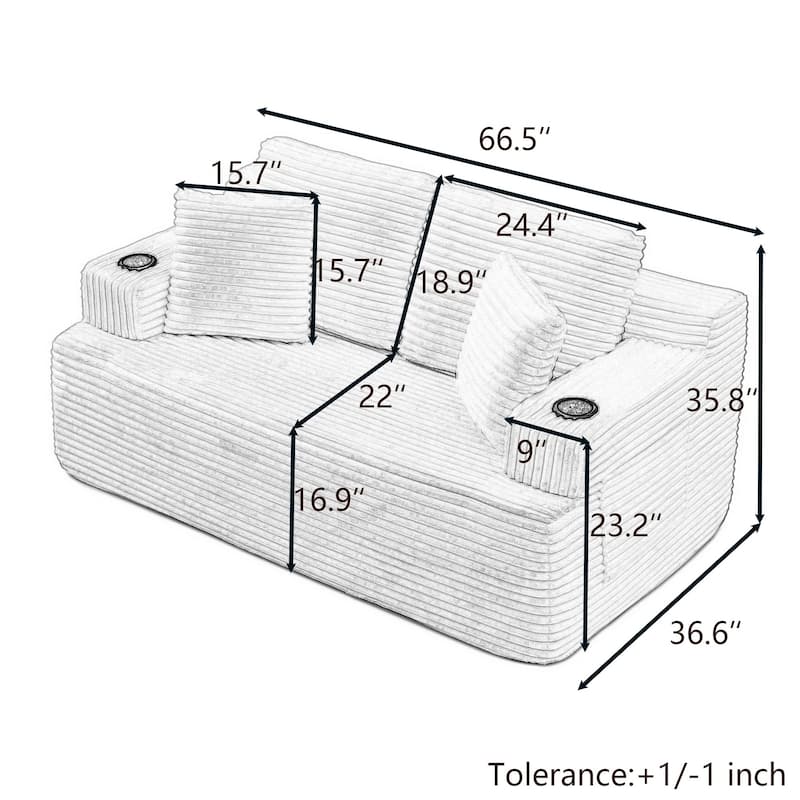 Anmytek Green Corduroy 66.5 Inch Boneless 2 Seater Floor Sofa with Cup Holders Side Pockets Extra Pillows No Assembly
