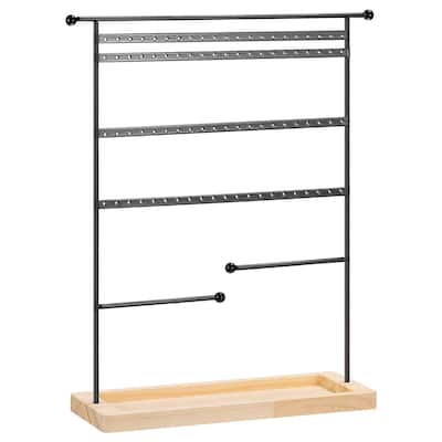 Earring Display Tower 4 Tier Metal Jewelry Holder with Wooden Tray- Black