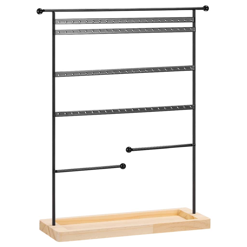 Earring Display Tower 4 Tier Metal Jewelry Holder with Wooden Tray- Black