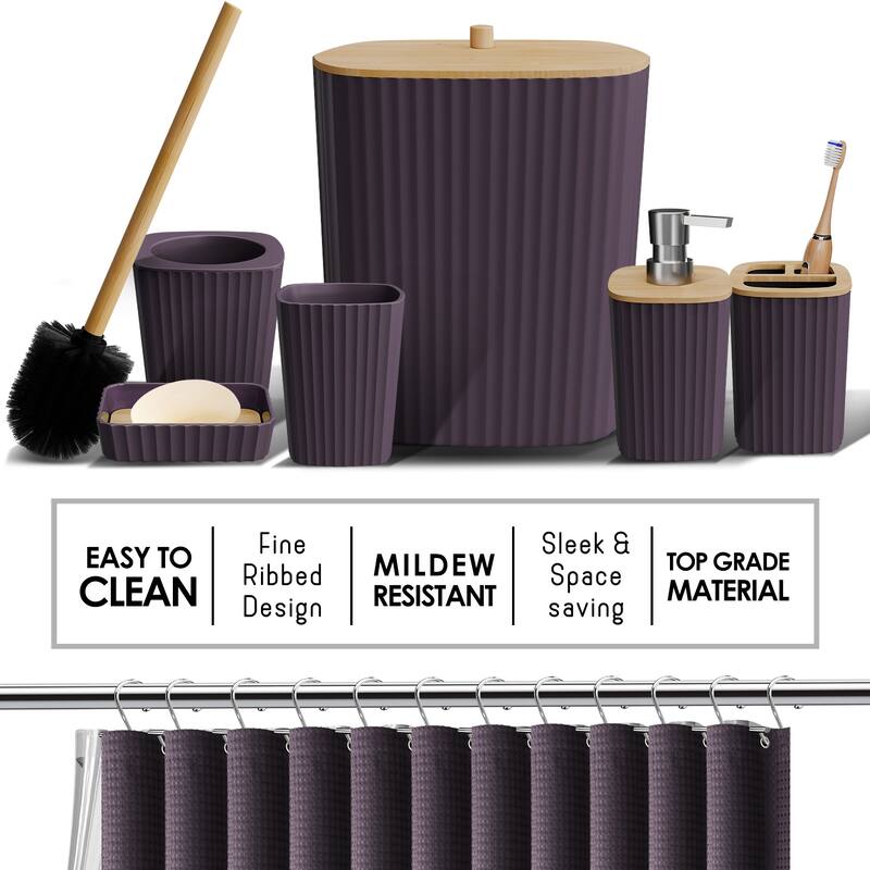 Empyrean Bamboo Bathroom Accessories Set with Shower Curtain Set, Toilet Brush, Trash Can & Soap Dispenser