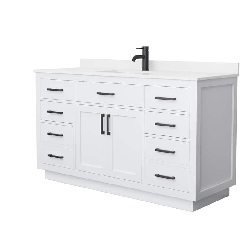 Beckett TK 60-inch Single Vanity, Single Hole Quartz Top - White, Black Trim, White Quartz Top