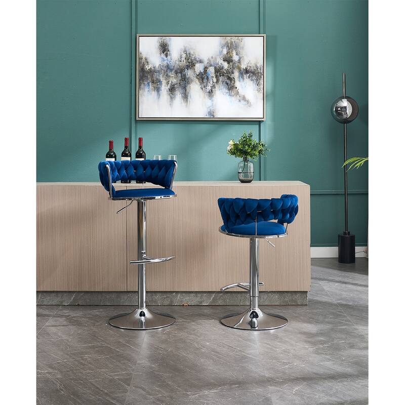 Set of 2 Bar Stools,with Chrome Footrest and Base Swivel, Height Adjustable, Velvet Upholstered + Chrome Leg Simple Bar Stool