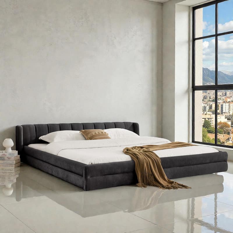 King Size Upholstered Platform Bed Frame with Chenille Fabric, Soft Headboard & Solid Grounded Design for Modern Bedrooms - Dark Grey - King