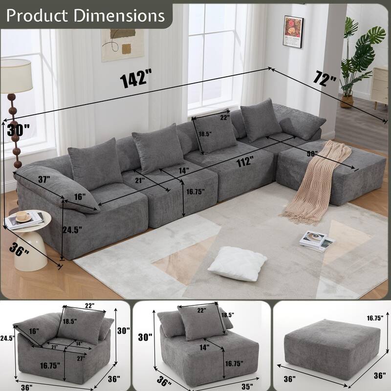 142" Chenille L-Shaped Modular Sectional Sofa with No Assembly Required, Convertible Sleeper, and Built-In Ottoman