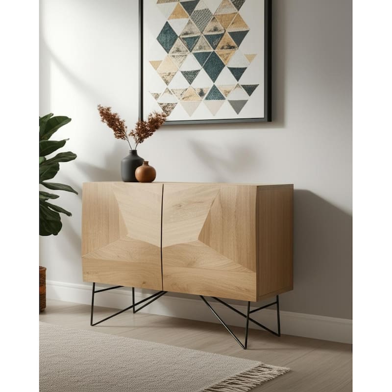 HomeRoots 44" Natural and Black Solid Wood and Metal Carved Geometric Accent Cabinet With Two Doors - Natural