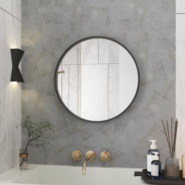 Stylish WallMounted Round Bathroom Vanity Mirror with Black Metal