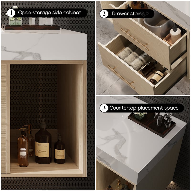 GDFStudio - Modern 39.4" Wall Mounted Floating Sintered Stone Bathroom Vanity with Seamless Ceramic Sink & Soft-Close Drawers