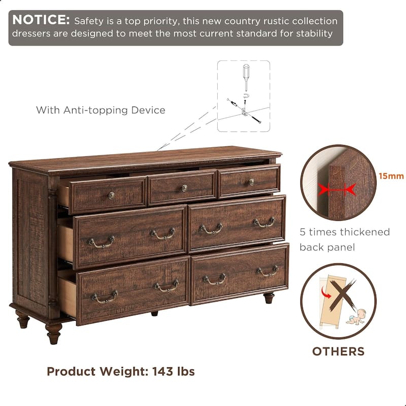 Farmhouse 7 Drawers Dresser Chests, Rustic Wood Chest of Drawers