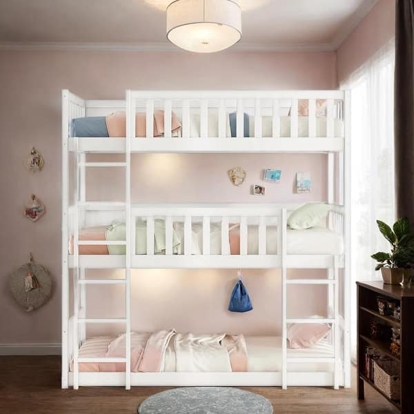 slide 2 of 12, Twin over Twin over Twin Detachable Wood Bunk Bed, White White