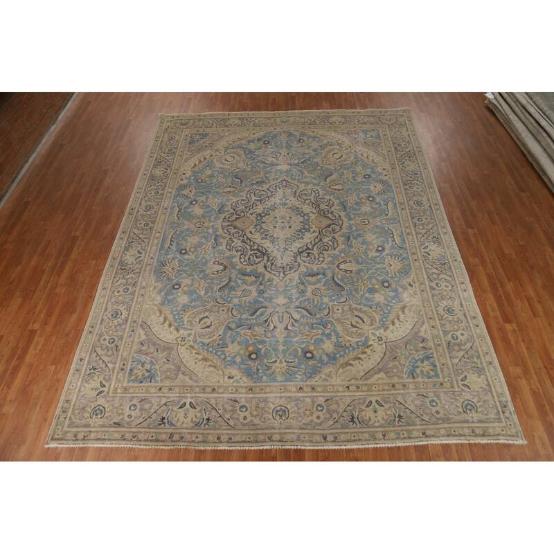 Floral Tabriz Persian Area Rug Hand-Knotted Blue Wool Carpet - 9'10"x 12'10"