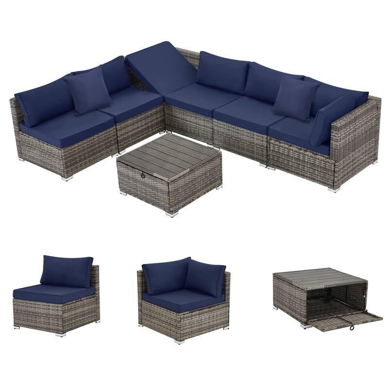 EROMMY 6/7 Piece Modular Outdoor Rattan Sofa Set, All-Weather Wicker Patio Furniture with Storage Table, Cushions & Pillows