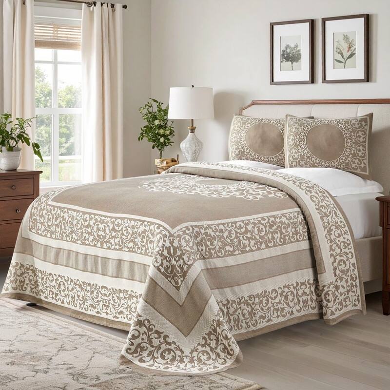 Superior Cotton Blend Oversized Vintage Floral Scroll Bedspread Set - Taupe - Twin
