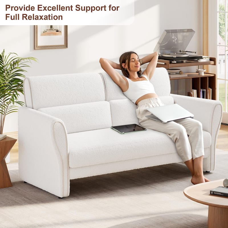 Modern Beige Couch, 57 Inch Deep Seat Loveseat Sofa with 2 Removable Lumbar Pillows, High Backrest