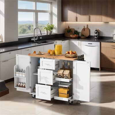 Rolling Kitchen Island with Storage,Kitchen Cart with Rubber Wood Top