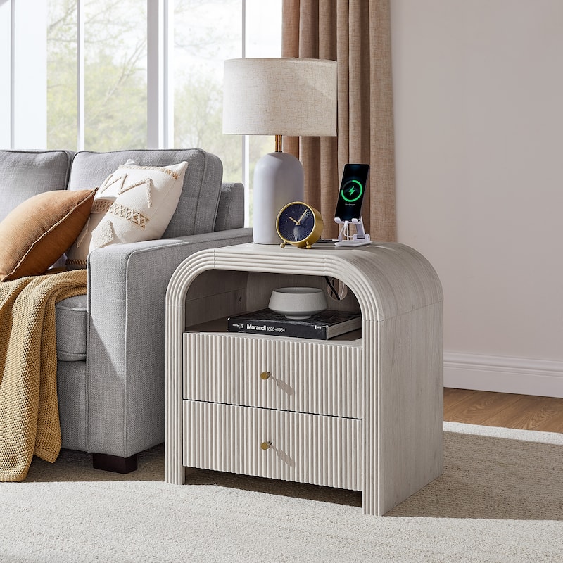 Modern Fluted Nightstand with Charging Station, Arched End Table
