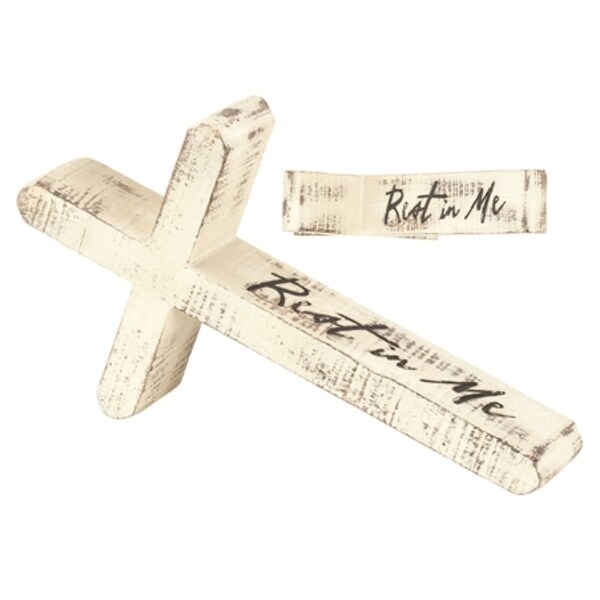 10" White and Black "REST IN ME" Laying Cross Shaped Tabletop Decor - N/A