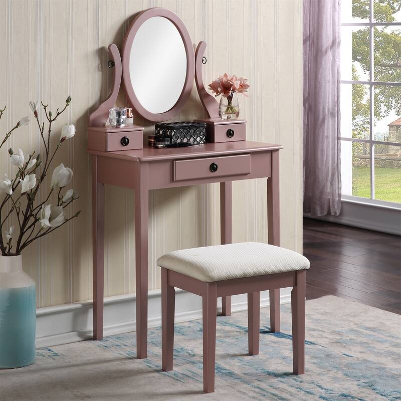 Wood Makeup Vanity Table and Stool Set - Rose Gold