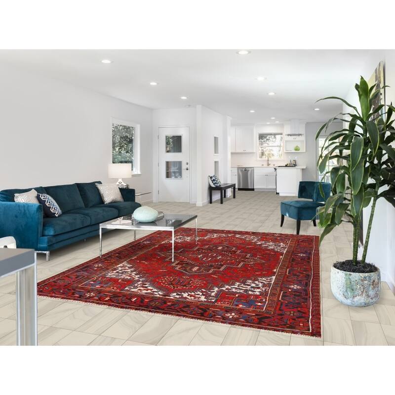 Hand Knotted Oriental 100% Wool Carpet Traditional Medallion Red Heriz Area Rug - 9' 1'' X 6' 10''