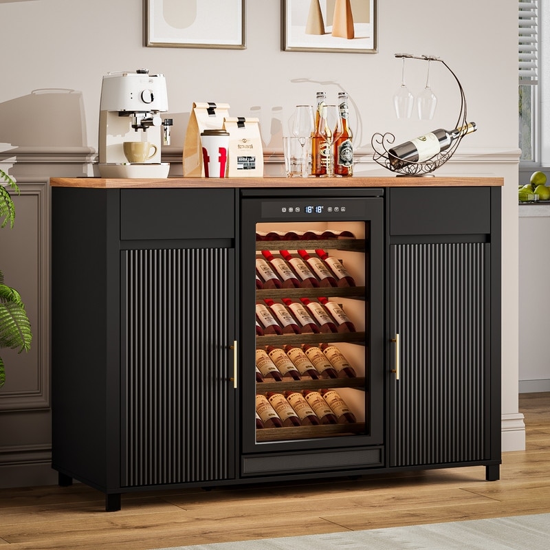 BOSSIN Wine Bar Cabinet with Wine Fridge , Coffee Bar Sideboard Buffet Storage Cabinet with Power Outlet, Fluted Doors & Drawers