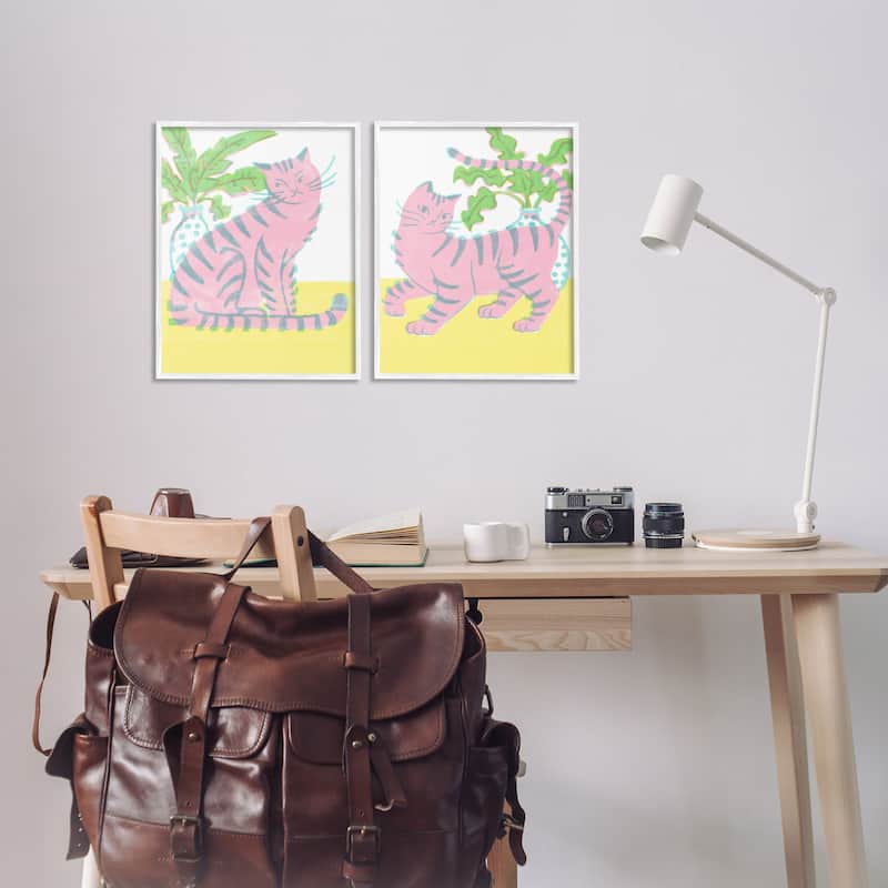 Stupell Pastel Pink Cats & Plants Framed Giclee Art Design By Hannah Moren (Set of 2)