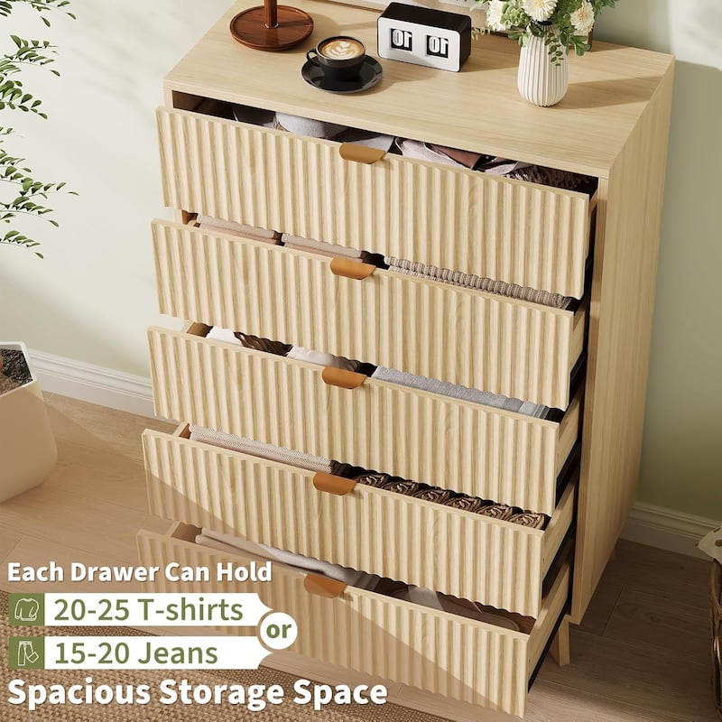 Mid-Century Fluted 3/4/5-Drawer Dresser, Natural Wood Chest of Drawers