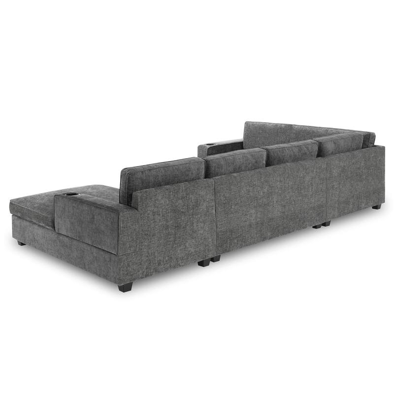 119" U Shaped Sectional Sofa, 6 Seat Oversized Chenille Corner Couch Set with Chaise Lounge and Cup Holders