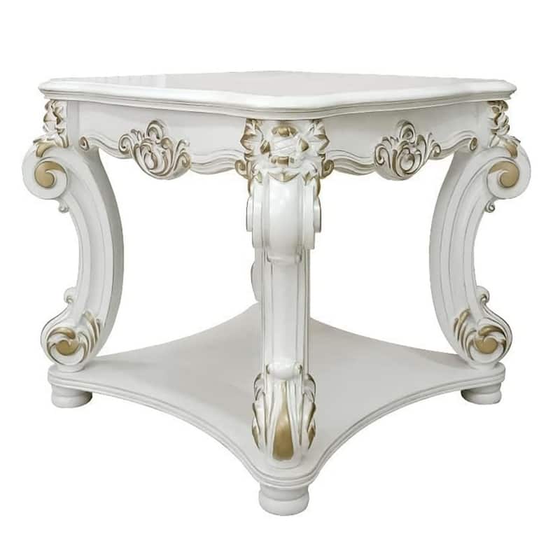Jess 30 Inch Side End Table, Classic Scrolled Legs, 1 Shelf, Brushed Gold - White, Gold - Wood