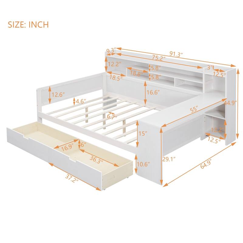 Modern Wooden Multi-functional Daybed with Storage Shelves and Drawers