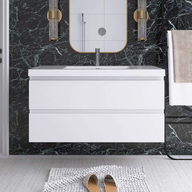 Floating Bathroom Vanity with Integrated Resin Top - 41.93'' x 19.69'' x 22.44'' - Glossy White