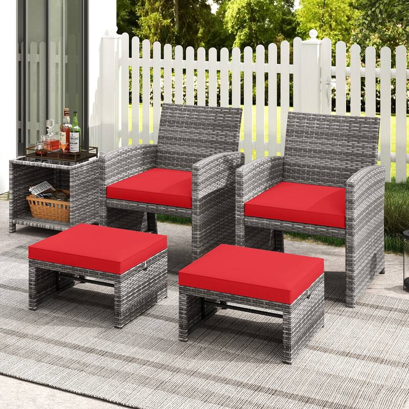 Gymax 2 Pieces Patio PE Rattan Ottomans with Soft Zippered Cushions