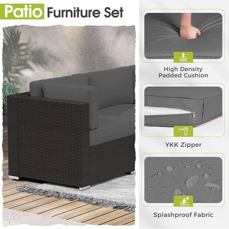 7 Piece Outdoor Patio Furniture Set Grey/Black Wicker Conversation Sectional Sofa Set with Coffee Table and Cushions