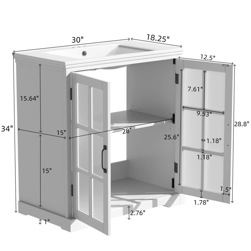 30"Bathroom Vanity with Sink,Bathroom Cabinet with Tempered Blurred Glass and Handles,Large Storage Space and Rubber Wood Frame