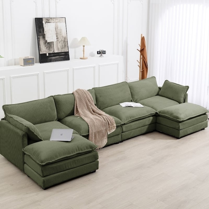 Oversized Modular Corduroy Sectional Sofa Set with Ottoman, 3-Seater / 4-Seater Deep Seat Lounge Couch for Living Room - Olive 4 Seat - Symmetrical