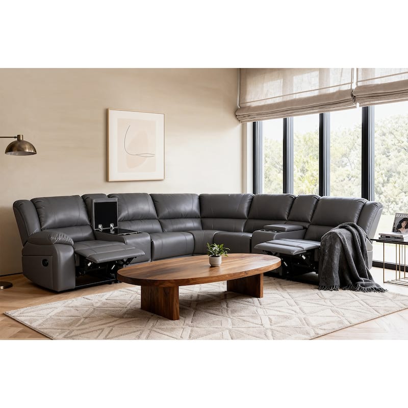 108" W Modern Contemporary Faux Leather 7 Piece Sectional Recliners