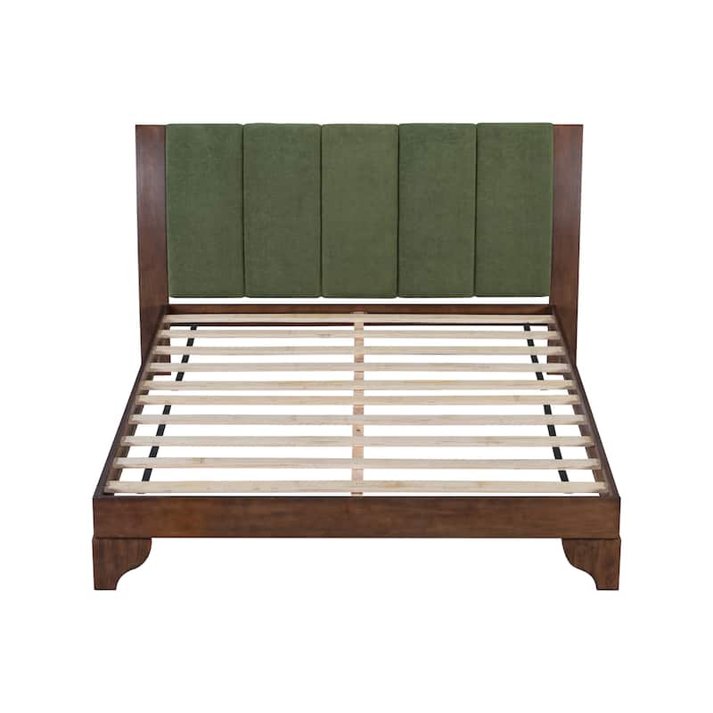 Mid-Century Modern Wood Platform Bed Frame with Upholstered Headboard, Wood Slat Support, No Box Spring Needed, Easy Assembly