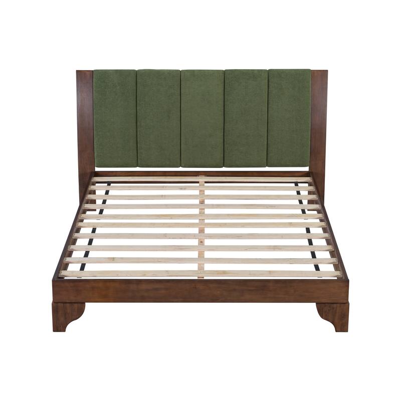 Pine Wood Bed Frame Mid Century Modern Platform Bed with Green Upholstered Headboard, Wood Slat Support Low Profile Wingback Bed