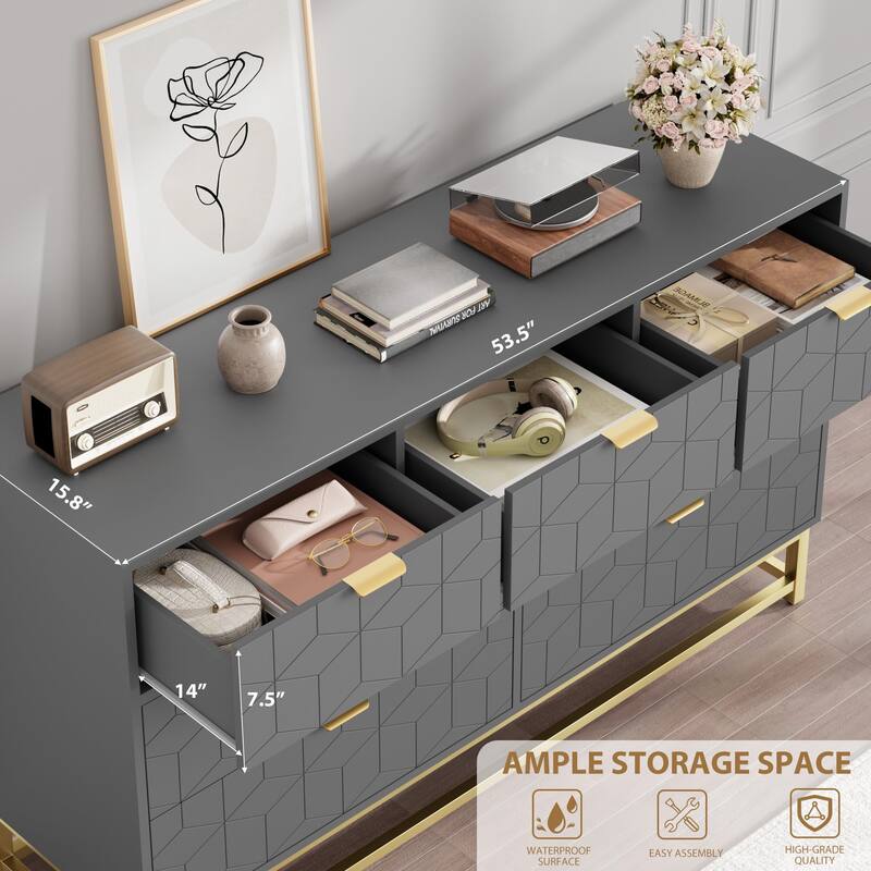 53.5" Wide 7-Drawer Dresser with Gold Metal Handles & Legs, Modern Storage Organizer for Bedroom or Hallway