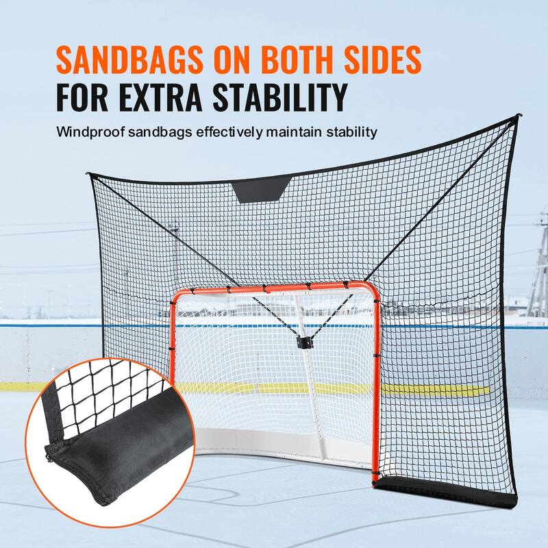 Black Hockey Net Backstop with Iron Frame and Sandbag Design