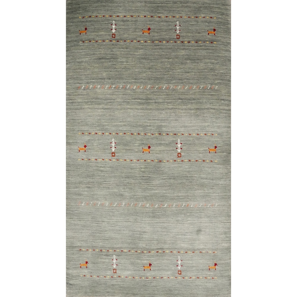 Hand Knotted Oriental 100% Wool Carpet Tribal Animal Pictorial Green Gabbeh Area Rug - 4' 11'' X 3' 0''